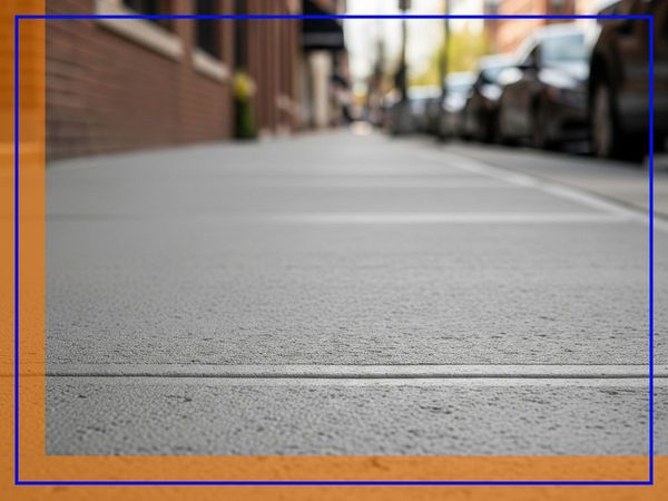 A close-up view of a newly paved concrete sidewalk with a textured surface, extending into an urban street with buildings and cars.